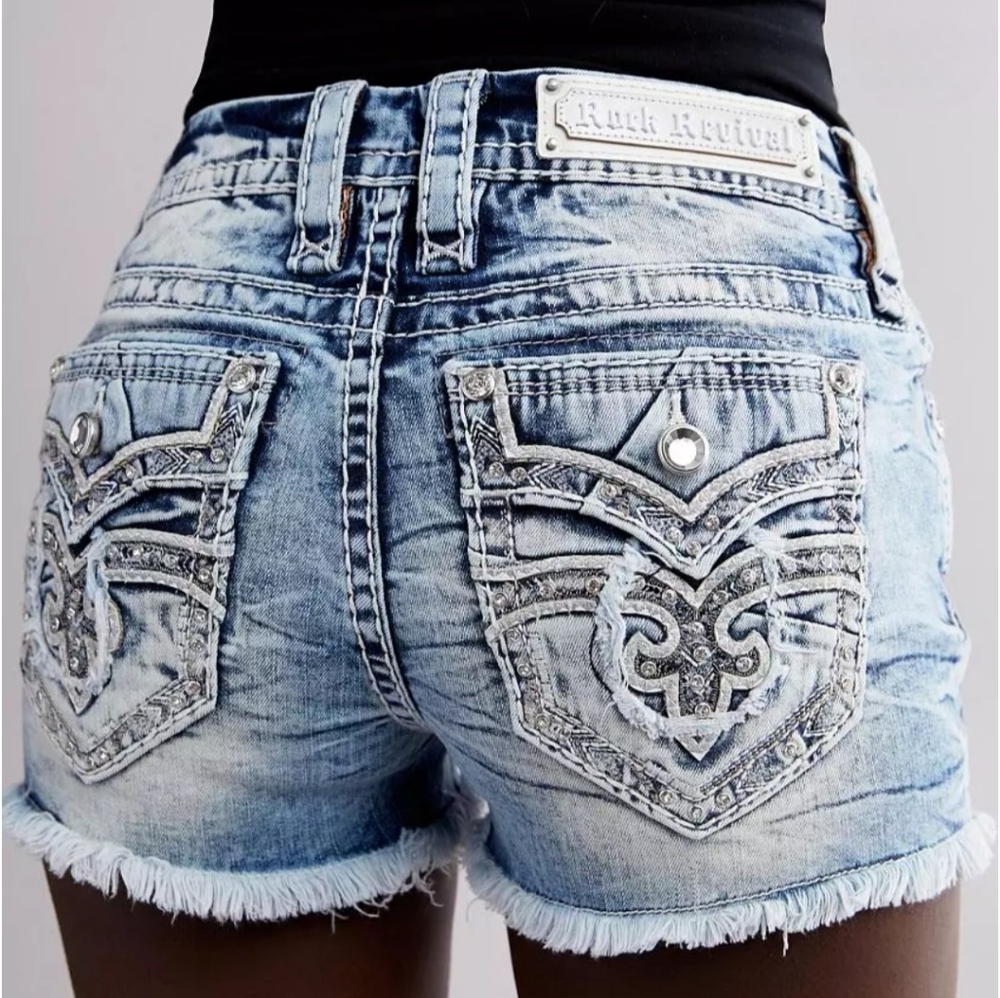 **SOLD** Rock Revival "Fay" Mid Rise Stretch Cutoff Short Blue Denim | Size 24 - Picture 1 of 14